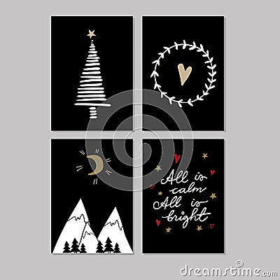 Set of doodle Christmas greeting card. Vector hand drawn cute icons. Scandinavian black style. Xmas tree, mountains Vector Illustration