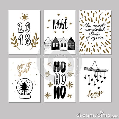 Set of doodle Christmas greeting card. Vector hand drawn cute icons. Scandinavian style. Xmas tree, houses, garland Vector Illustration