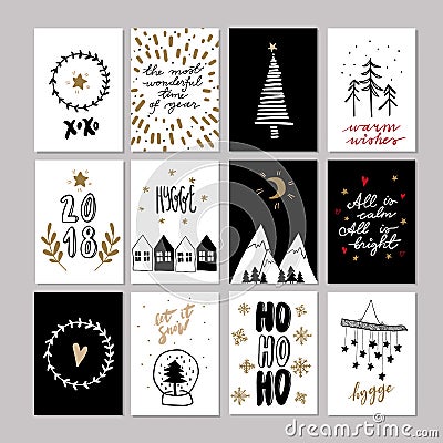 Set of doodle Christmas greeting cards. Vector hand drawn cute icon. Scandinavian style. Xmas tree, houses, garland Vector Illustration