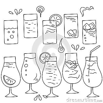 Set of doodle cocktails in different glasses illuminating contour drinks Vector Illustration