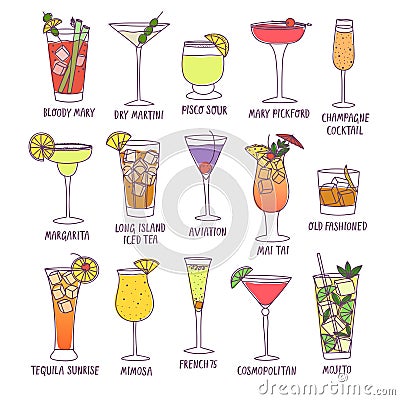 Set of doodle cocktails with names Cartoon Illustration