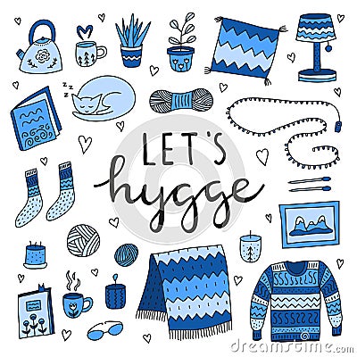 Set of doodle colored hygge icons. Vector Illustration