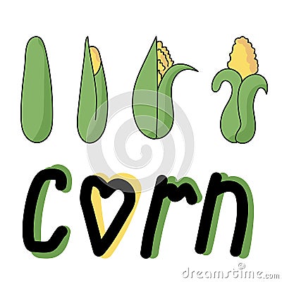 Set of doodle colored illustration corn, green and yellow hand draw vector illustration and the inscription corn Vector Illustration