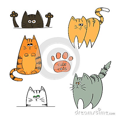 Set of doodle cute cats isolated on white background. Vector Illustration