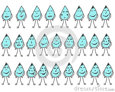 Set of Doodle droplets with emotions. funny cartoons with arms and legs. rain with the face Vector Illustration