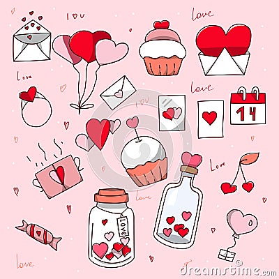 set of doodle elements for valentine's day. Letters, declarations of love, cupcakes, a jar of hearts, balloons, love Vector Illustration