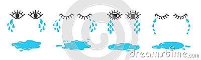 Set of doodle eyes crying with tear drops and puddles. Cartoon weeping emoji collection. Vector Illustration