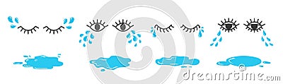 Set of doodle eyes crying with tear drops and puddles. Cartoon weeping emoji collection. Vector Illustration