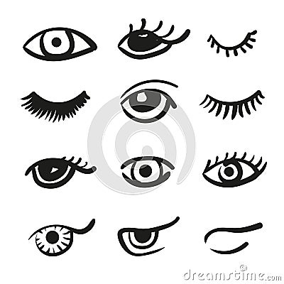 Set of doodle eyes and lashes. Vector Illustration