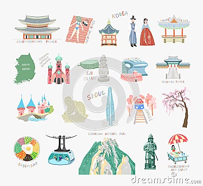 Set of doodle flat vector illustration sights of south korea for travel card Vector Illustration