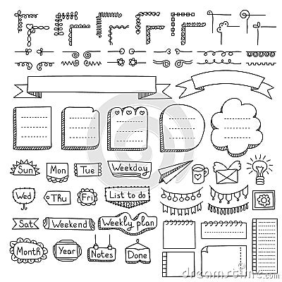 Set of doodle frames, borders, corners, dividers, ribbons, weekdays and design elements Vector Illustration