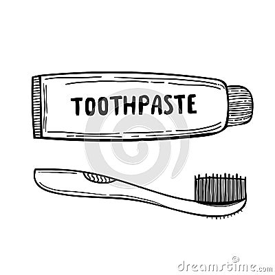 Set of doodle Funny cartoon toothpaste, toothbrush - vector. isolated black white. Vector icon of toothbrush Vector Illustration