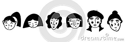 Set of doodle girl faces. Black and white vector Vector Illustration