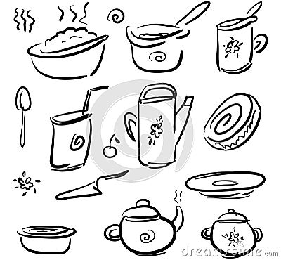 Set doodle icons dishes and food - fast sketch Vector Illustration