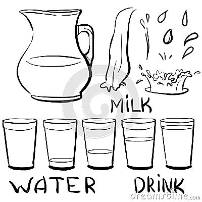 Set doodle icons - Jug and glasses with a drink - milk, water - Vector Illustration