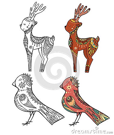 Set of doodle illustrations of christmas deer and tit with decoration. Contour and color drawing. Vector tribal object Vector Illustration