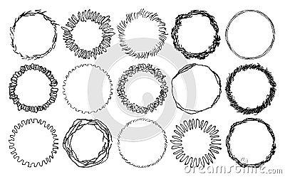 Set of doodle lines circle frames template. Hand drawn grunge round frames made in a pencil strokes. Vector illustration. Vector Illustration