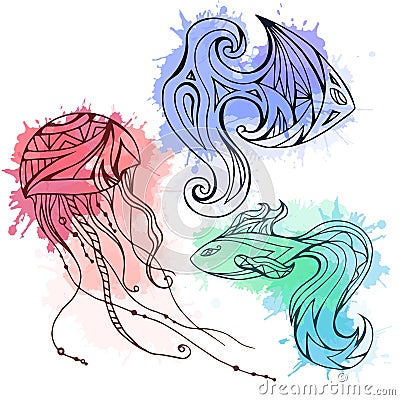 Set of doodle marine fish and jellyfish, decorated boho pattern Vector Illustration