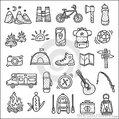 Set of doodle camp and outdoor icons. Vector Illustration