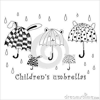 Set of doodle outline umbrellas. Children and adults different umbrellas with raindrops. Doodle style folded and open umbrellas. Vector Illustration