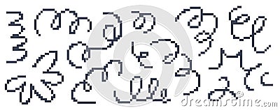 Set of doodle pixelated playful scribble. Abstract children background with curve line. Trendy design with basic shapes Vector Illustration