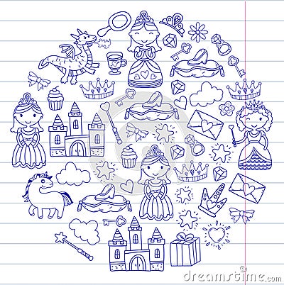 Set of doodle princess and fantasy icon and and design element for invitation and greeting card. Kids drawing Vector Illustration