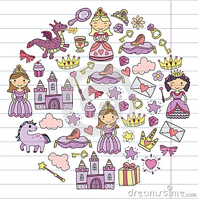 Set of doodle princess and fantasy icon and and design element for invitation and greeting card. Kids drawing Vector Illustration