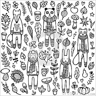 A set of doodle rabbit, fox, sheep, ferret, panda with knitted scarves and warm winter sweaters Vector Illustration