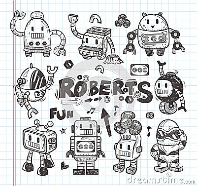 Set of doodle robot icons, illustrator line tools Vector Illustration