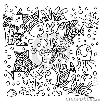 Set of doodle sea animals. Vector Illustration