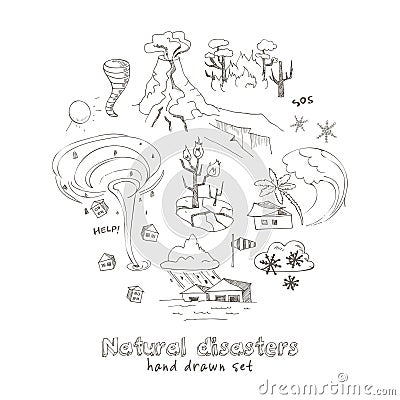 Set of doodle sketch Natural disasters Vector Illustration