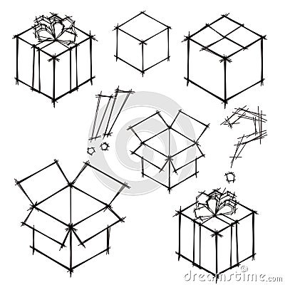 Set of doodle sketches of gifts and postboxes Vector Illustration