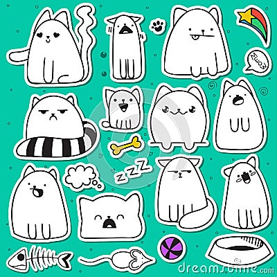 Set of 11 doodle sticker cats with different emotions. Cat handmade Vector Illustration