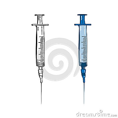 Set of doodle Syringe icons isolated. Simple Vaccine Sign. Injection Symbol.black white and color Vector Illustration