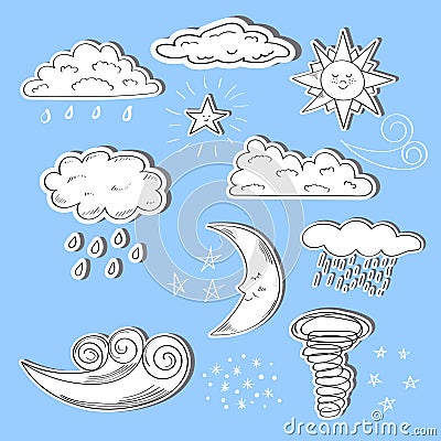 Set of doodle weather icons. Sun, moon, star, clouds Vector Illustration