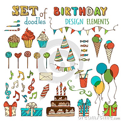 Set of doodles birthday design elements. Vector Illustration