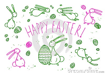 Easter rabbits hand drawn doodles set Vector Illustration