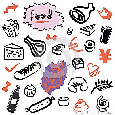 Set of Doodles - Food Elements and Objects Bottle, Wine and Pastries Vector Illustration