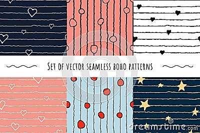 Set with doodles hand-drawn boho seamless patterns. Vector Illustration