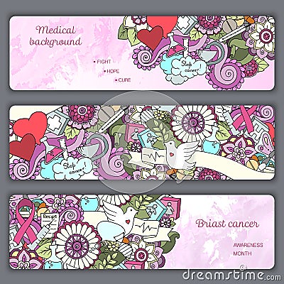 Set with doodles science, medicine and flowers. Medical Background. Stock Photo