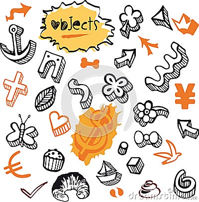 Set of Doodles - Various Objects Elements, Nature, Currency, Pastries, Flower, Leaves Vector Illustration