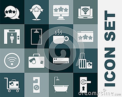 Set Door handle, Suitcase, Five stars rating review, Shower cabin, Lift, and Coffee cup icon. Vector Vector Illustration