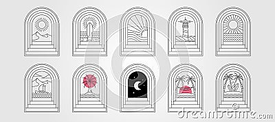 Set of door and stairs nature line art logo vector design, beauty landscape abstract minimalist badge design Vector Illustration