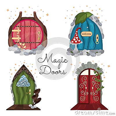 A set of doors. Cartoon style. Mystical background. The door leading to the fairy tale. Stock Photo