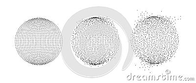 Set of dotted spheres with dissolve effect. Stipple disintegrating circle collection. Halftone textured balls with noise Vector Illustration