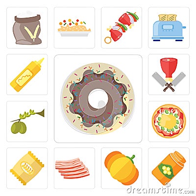 Set of Doughnut, Honey, Pumpkin, Bacon, Chips, Pizza, Olives, Bu Vector Illustration