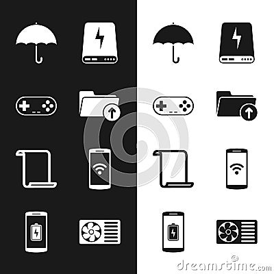 Set Download arrow with folder, Gamepad, Umbrella, Power bank, Paper scroll and Smartphone wireless icon. Vector Vector Illustration