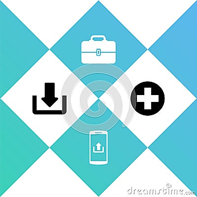 Set Download, Smartphone with upload, Toolbox and Medical cross in circle icon. Vector Vector Illustration