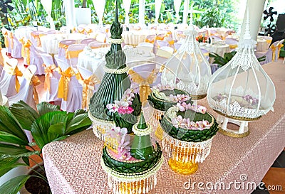 Set of engagement bowl for Thai engagement ceremony some made from banana leaf, focus selective Stock Photo