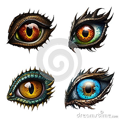 A set of Dragon eye icons, badges, stickers, logos of dinosaur eyes Cartoon Illustration